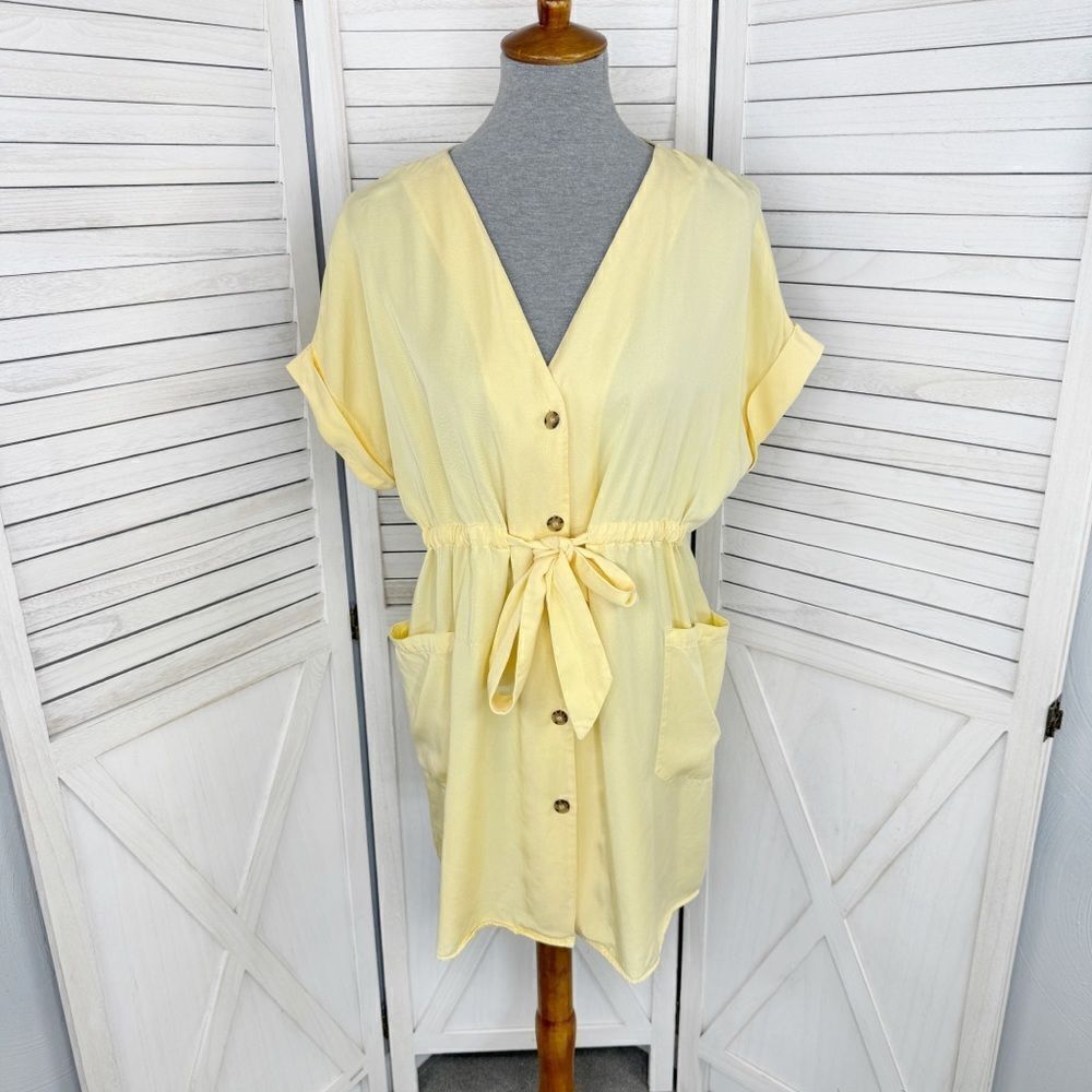 Zara Button Front Tie Waist Shirt Dress Yellow XS Cap Sleeve